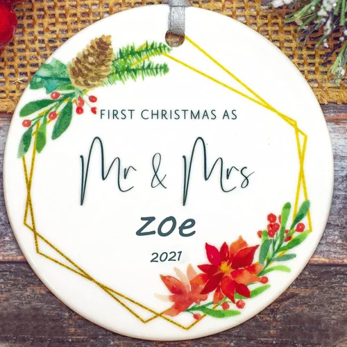 Miniatura 24 de Adorno de matrimonio de 1ª Navidad – Adorno de Navidad «Just Married» – Adorno de señor y señora – Adornos de boda – 1ª Navidad comprometida