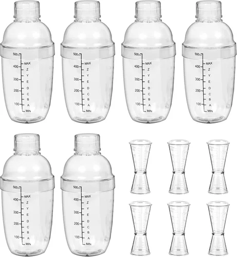 Juego de 12 cocteleras de plástico, 6 cocteleras de 17 onzas y 6 jigger de medición, juego de mezclador de vino transparente, mezclador de bebidas