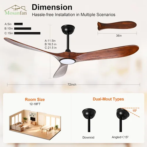Miniatura 6 de Ventiladores de techo de 52 pulgadas con luces y control remoto, ventilador de techo de madera para exteriores con motor de CC silencioso de 6 Negro