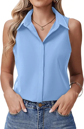Miniatura 13 de HOTOUCH Camisas sin mangas con botones ocultos para mujer, frente con botones ocultos, cuello, blusas casuales elegantes holgadas para oficina