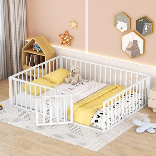 Miniatura 18 de Cama juguetona en forma de casa de tamaño matrimonial con estantes y luces, marco de cama de metal con techo para niños, adolescentes y adultos, un