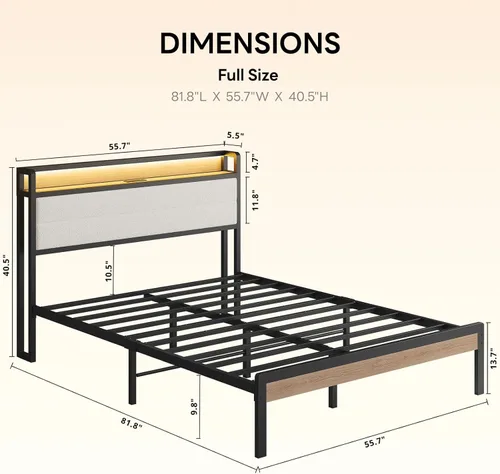 Miniatura 2 de LIKIMIO Base de cama matrimonial con cabecera de almacenamiento y luces LED, plataforma de metal con estación de carga, sin ruido, no necesita