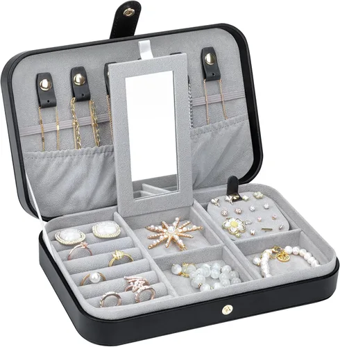 Miniatura 51 de Joyero pequeño, joyero de viaje portátil para mujer, mini organizador de viaje de 2 capas, regalo para mujeres y niñas, negro A