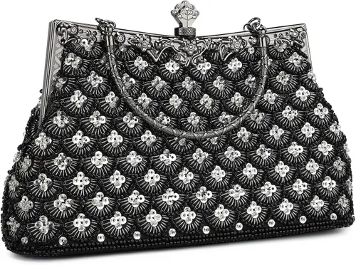 UBORSE Bolso de noche con bordado de diamantes de imitación con cuentas florales vintage para mujer, bolso de fiesta de boda grande
