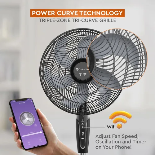 Miniatura 4 de Comfort Zone - Ventilador oscilante inteligente WiFi, 18 pulgadas, 3 velocidades, montaje en pared, control de voz, temporizador de función Negro