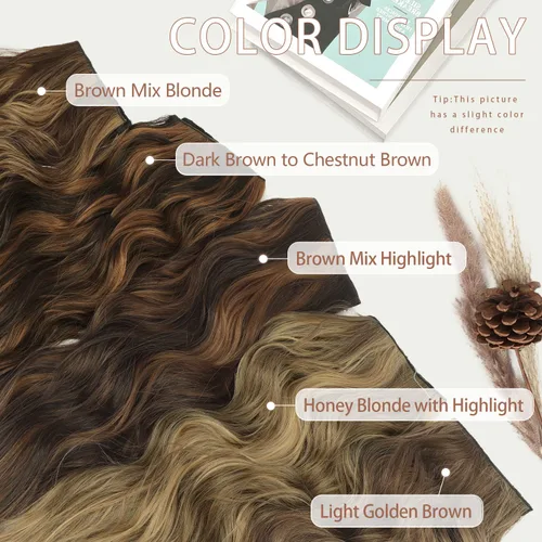 Miniatura 5 de Extensiones de cabello largo ondulado rubio miel con reflejos, línea de pescado transparente, postizo sintético con 4 clips de seguridad, diadema