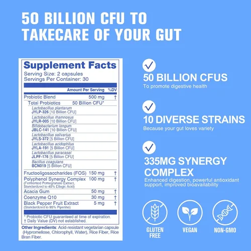 Miniatura 2 de Probióticos 60 mil millones de UFC, 10 cepas, apoya la digestión y el sistema inmunológico Sin OMG, sin gluten, 60 cápsulas