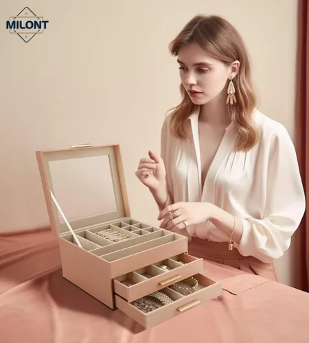 Miniatura 2 de Joyero con parte superior transparente, organizador grande de 3 capas para mujeres, aretes, anillos, collares, organizador de almacenamiento