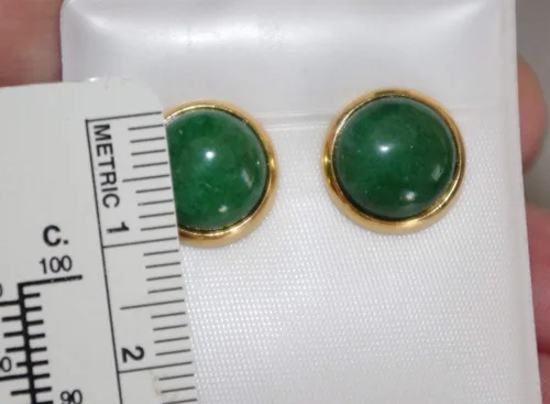 Miniatura 8 de CHINESE GREEN JADE ROUND DOME 12MM VINTAGE GENUINE 14K GF STUD EARRINGS