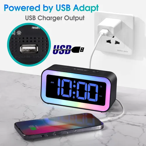 Miniatura 7 de Cadmos Reloj despertador fuerte para dormitorios con luz nocturna RGB dinámica, para adultos que duermen profundamente, doble alarma, atenuador