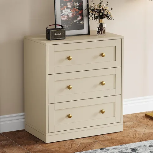RoyalCraft Mesita de noche de 3 cajones, mesita de noche grande con perillas redondas doradas, mesa auxiliar de madera moderna, cómoda para Beige