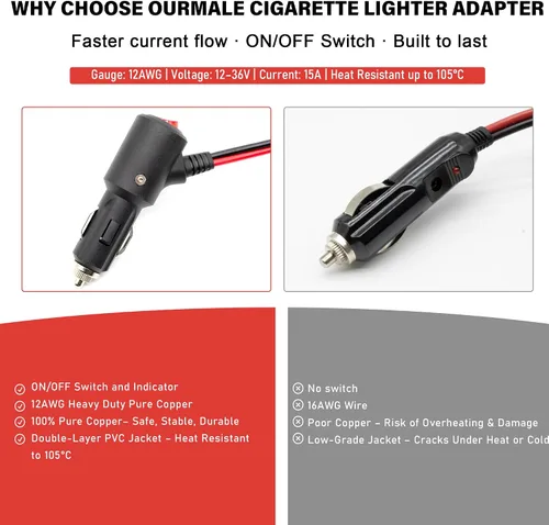 Miniatura 5 de Adaptador de encendedor de cigarrillos macho a terminal de anillo de batería de 2 pies, 12 V/24 V, enchufe de encendedor de cigarrillos resistente