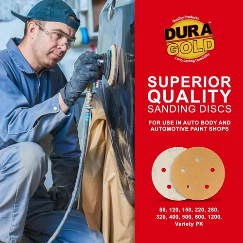 Miniatura 5 de Dura-Gold - Premium - Grano 80 - Discos de lija dorados de 5 pulgadas - Gancho y bucle sin polvo de 5 agujeros para lijadora DA - Caja de 50 discos