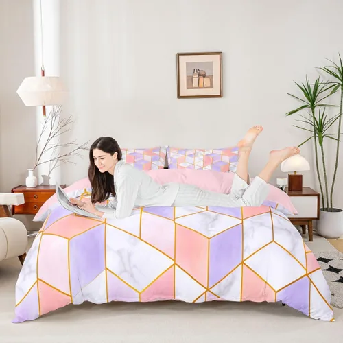 Miniatura 6 de Funda de Edredón Rosa Tamaño Queen para Niñas con Rayas Blancas, Juego de Ropa de Cama Decorativa, Funda de Edredón de Estilo Simple y Moderno