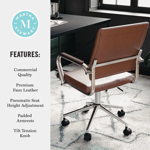 Miniatura 10 de Martha Stewart Piper - Silla giratoria con reposabrazos para oficina en casa en piel sintética marrón con marco de níquel pulido