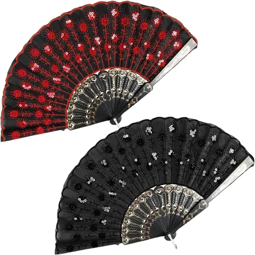 Miniatura 14 de InnoLife Elegante abanico de mano plegable con flores bordadas y patrón de pavo real con lentejuelas en tela artesanal (5 piezas, rojo)