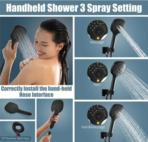 Miniatura 3 de Aolemi Sistema de ducha de montaje en techo de 16 pulgadas, cabezal de ducha de lluvia negro mate con 3 funciones, rociador de mano ABS para baño