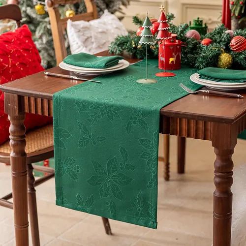 Joyfol Day Caminos de Mesa de Navidad, Impermeable Jacquard Verde Flor de Pascua Camino de Mesa para Navidad Vacaciones Invierno Festival Cocina