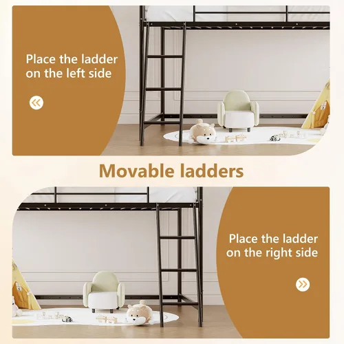 Miniatura 6 de Bonnlo Cama baja tipo loft tamaño individual, marco de cama individual de metal con escalera inclinada y barandillas de seguridad, diseño
