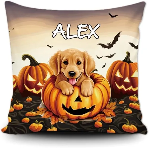 Miniatura 11 de Funda de almohada personalizada de Halloween, diseño de perro Golden Retriever, calabaza, cachorro inteligente, funda de cojín decorativa de lona 34