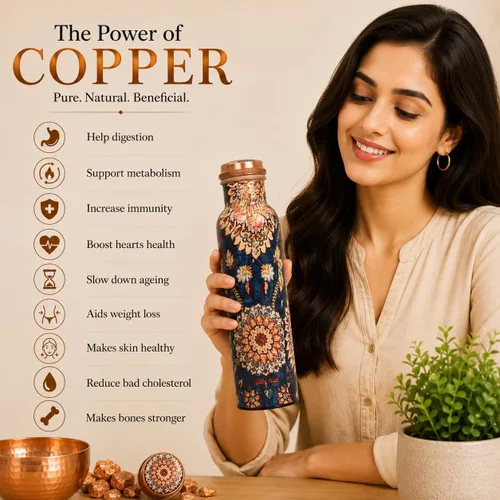 Miniatura 4 de Botella de agua de cobre puro - Hecha a mano - Beneficios para la salud de ayurveda - Grande 35 oz - A prueba de fugas - Fácil de llevar para Índigo