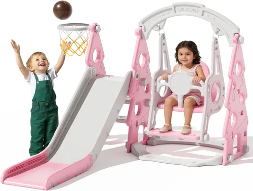 Miniatura 9 de XJD - Juego de tobogán y columpio 5 en 1 para niños pequeños, tobogán para niños de 1 año en adelante, juego de exterior para niños pequeños con aro