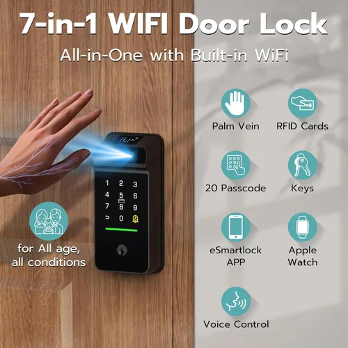 Miniatura 5 de Cerradura inteligente de Palm Vein, cerradura inteligente WiFi con timbre, cerradura de puerta de entrada sin llave con huella digital, cerrojo