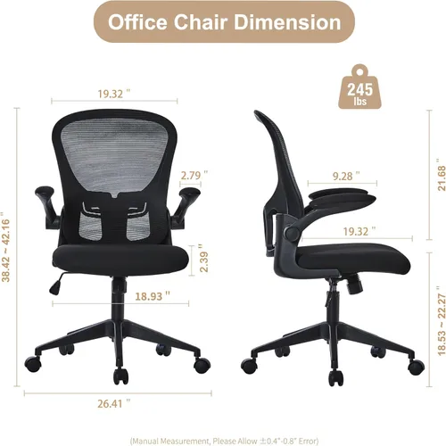 Miniatura 3 de HOOOWOOO Silla de oficina en casa de malla con reposabrazos abatible, silla de escritorio ergonómica moderna con soporte lumbar, respaldo