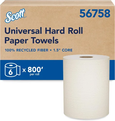 Scott Professional Universal toallas de papel en rollo de fibra 100% reciclada, a granel (56758), núcleo duro de 1.5', bolsillos de absorción,