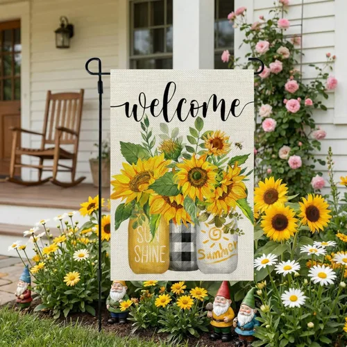 Miniatura 2 de CROWNED BEAUTY Bandera de jardín de girasol de verano, tarro de doble cara, 12 x 18 pulgadas, pequeña arpillera de arpillera de temporada