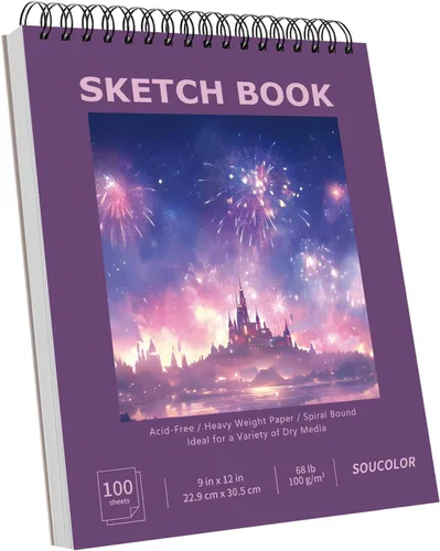 Miniatura 30 de Soucolor - Cuaderno de bocetos de 9 x 12 pulgadas, paquete de 4 de 100 hojas, encuadernado en espiral, libre de ácido (68 libras/100 g/m²), papel