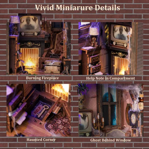 Miniatura 6 de Kit de rincón de libro, kit de casa de muñecas en miniatura 3D de madera para adultos, la cámara fantasma embrujada Booknook con luz LED