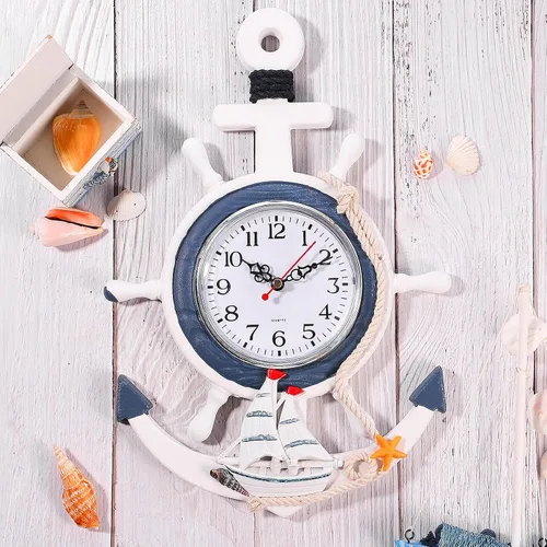 Miniatura 4 de BESPORTBLE Reloj náutico de anclaje de pared con temática de playa, reloj de barco costero, decoración de pared estilo mediterráneo, adorno