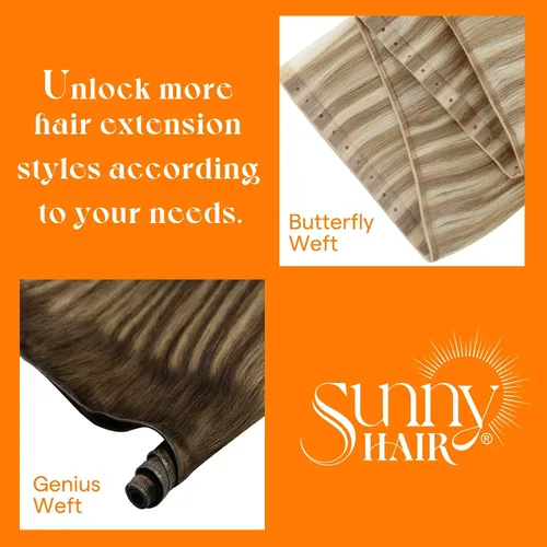 Miniatura 9 de Sunny Hair Extensiones de cabello humano con reflejos, cosidas en rubio ceniza, mezcla de rubio decolorado, doble trama, cabeza completa, cortas