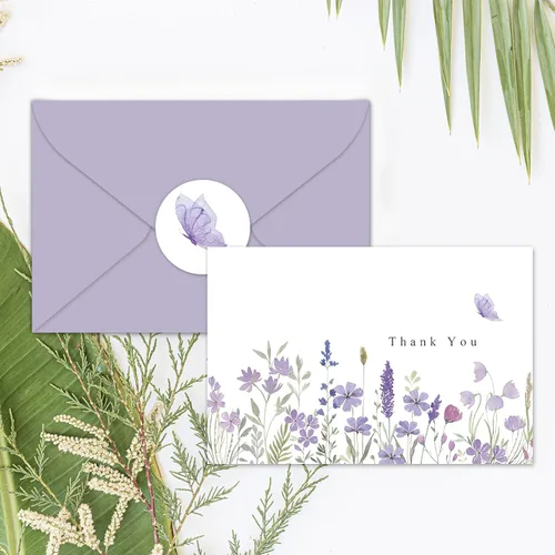 Miniatura 4 de AnyDesign Paquete de 24 tarjetas de agradecimiento de flores silvestres a granel, tarjetas de felicitación de flores moradas con adhesivo de sobre