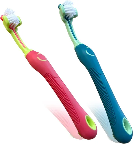 Miniatura 7 de Cepillos de dientes para perros, 2 unidades, azul amarillo, adecuados para perros adultos, diseño de tres caras para una fácil limpieza