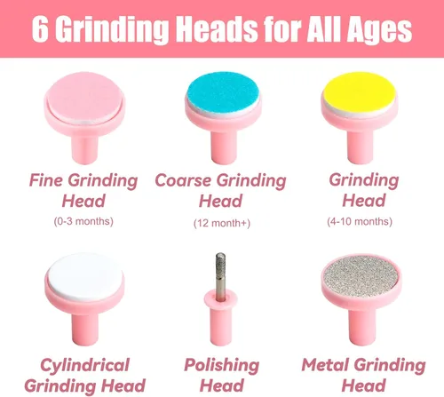 Miniatura 5 de Cortauñas eléctrico para bebé, cortaúñas recargable, juego de manicura con 6 cabezales de molienda para niños pequeños, recién nacidos (rosa)
