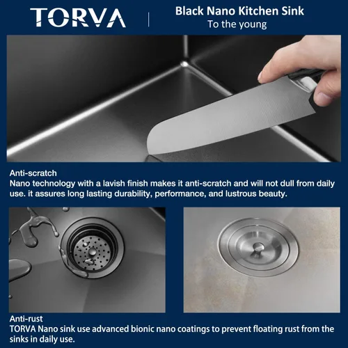 Miniatura 5 de TORVA - Fregadero de cocina de montaje bajo con revestimiento cerámico negro brillante de 25 x 18 pulgadas con NanoTek, fregadero de acero