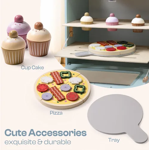 Miniatura 5 de ROBOTIME Juego de cocina de juguete de madera con horno, accesorios de cocina de simulación Montessori con juguetes de comida de pizza y cupcakes