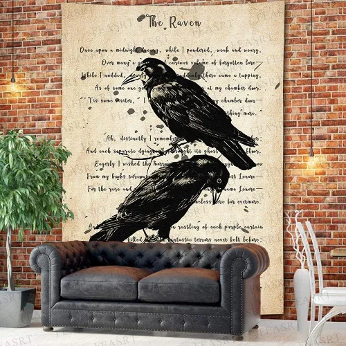 Miniatura 5 de FEASRT Tapiz gótico de calavera y cuervo, tapiz de pared The Raven Edgar Allan Poe, póster rústico de 51 x 60 pulgadas para sala de estar