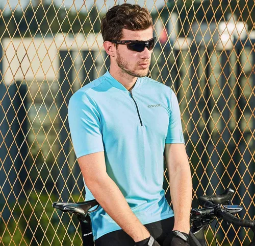 Miniatura 3 de Santic Camiseta de ciclismo para hombre, manga corta, con 3 bolsillos traseros, media cremallera, transpirable, absorbe la humedad, secado rápido
