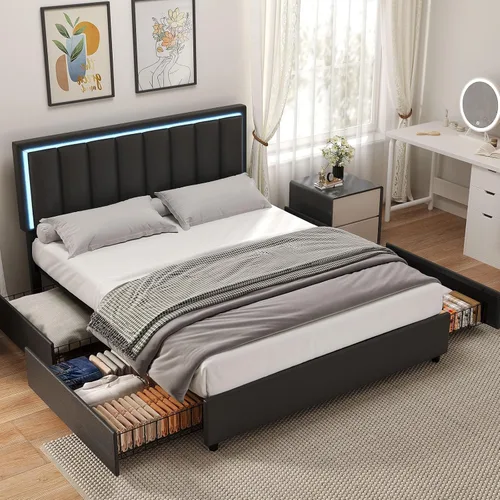 Miniatura 7 de IMMERSTABLE Base de cama tamaño Queen con cabecero y 4 cajones de almacenamiento, plataforma tapizada de piel sintética con luces LED, listones