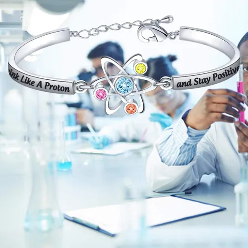 Miniatura 7 de FEELMEM Pulsera de ciencia atómica, regalo de química, piensa como un protón y mantente positivo, regalo de ciencia química para graduados
