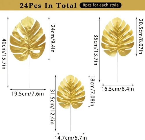 Miniatura 3 de KIMOBER 24 piezas Hojas de palma artificiales doradas, tamaños mixtos, hojas de monstera tropicales doradas falsas, plantas artificiales realistas