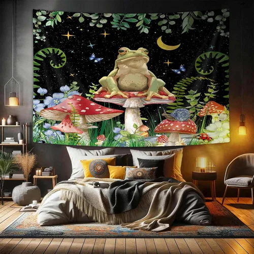 Miniatura 6 de JAWO Tapiz bohemio de hongos de rana, estrellas de luna para colgar en la pared, divertida decoración de casa de campo para dormitorio, sala