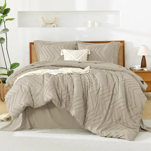 Miniatura 11 de Litanika Juego de ropa de cama con edredón tamaño King con sábanas beige - Juego de 7 piezas en una bolsa, diseño King Chevron copetudo bohemio