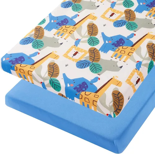 TILLYOU Paquete de 2 sábanas bajeras para cuna, paquete y juego para colchón de niños pequeños, suaves y transpirables de 38 x 24 pulgadas, paquete