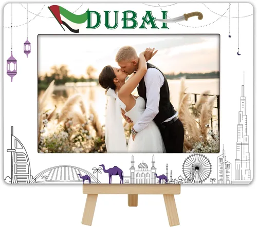 DETIHO Dubai - Marco de fotos de viaje, marco de madera con temática de Dubái de 4 x 6 pulgadas con soporte de caballete para decoración del hogar,