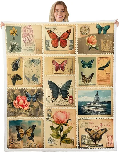 Manta de franela con sello de mariposa, diseño de animales de jardín de ensueño, flores rosadas, manta de forro polar vintage para decoración del
