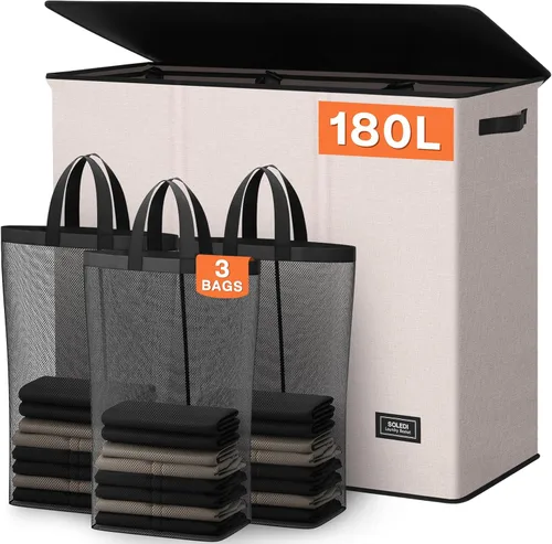 Miniatura 8 de SOLEDI Cesta de ropa sucia de 180L de 3 secciones, cesta de ropa sucia extra grande con tapa, cesta de ropa sucia con asa resistente, organizador